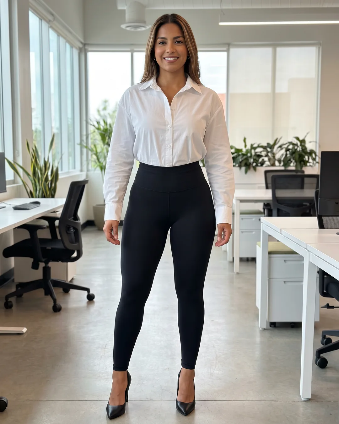 Mujer en la oficina con el Leggins Paris negro, blusa blanca y tacones