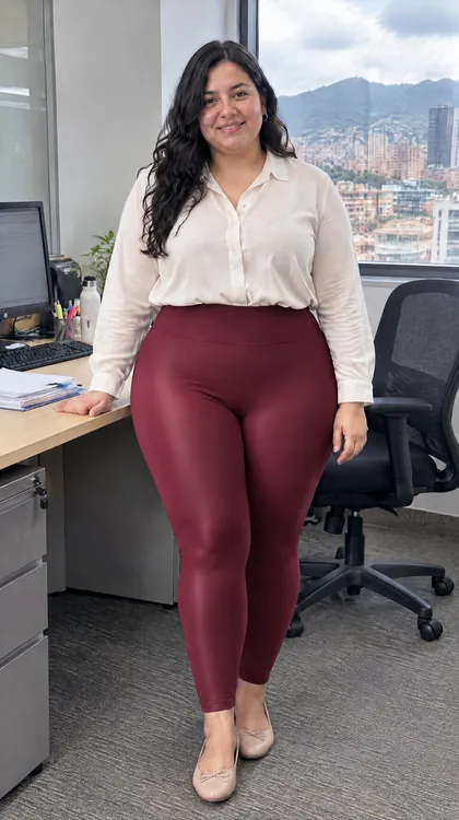 Mujer de talla grande en su oficina con el Leggins Paris vinotinto y blusa crema