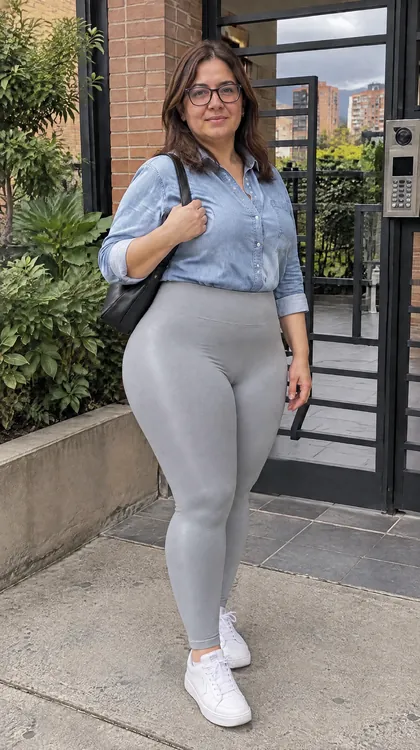 Mujer de talla grande con gafas en la entrada de su edificio con el Leggins Paris gris y camisa de jean